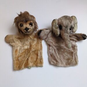 Vintage 60's Kamar Mohair Hand Puppets - Elephant & Lion Stuffed Plush Japan